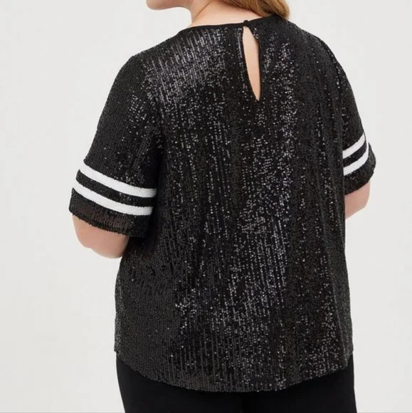 Torrid 4 Black White Sequin Football Striped Abbey Blouse Sporty Tailgate - Picture 8 of 16